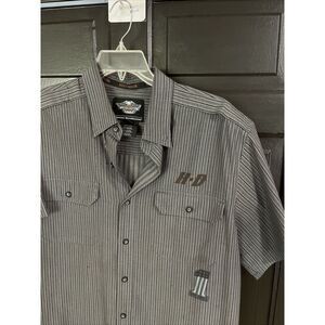 Harley Davidson Motorcycle Shirt Mens XL Gray‎ Striped Logo Riding Casual Cafe